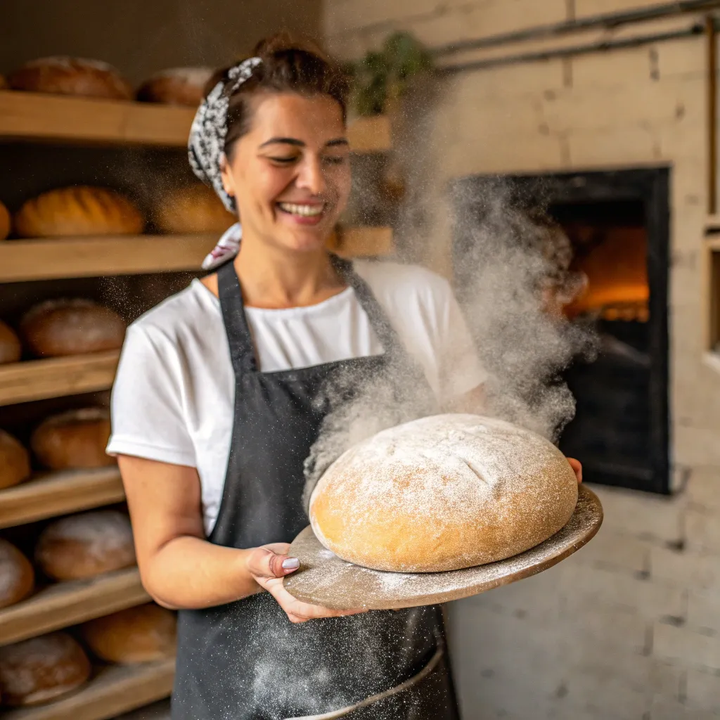 A baker holding fresh bread