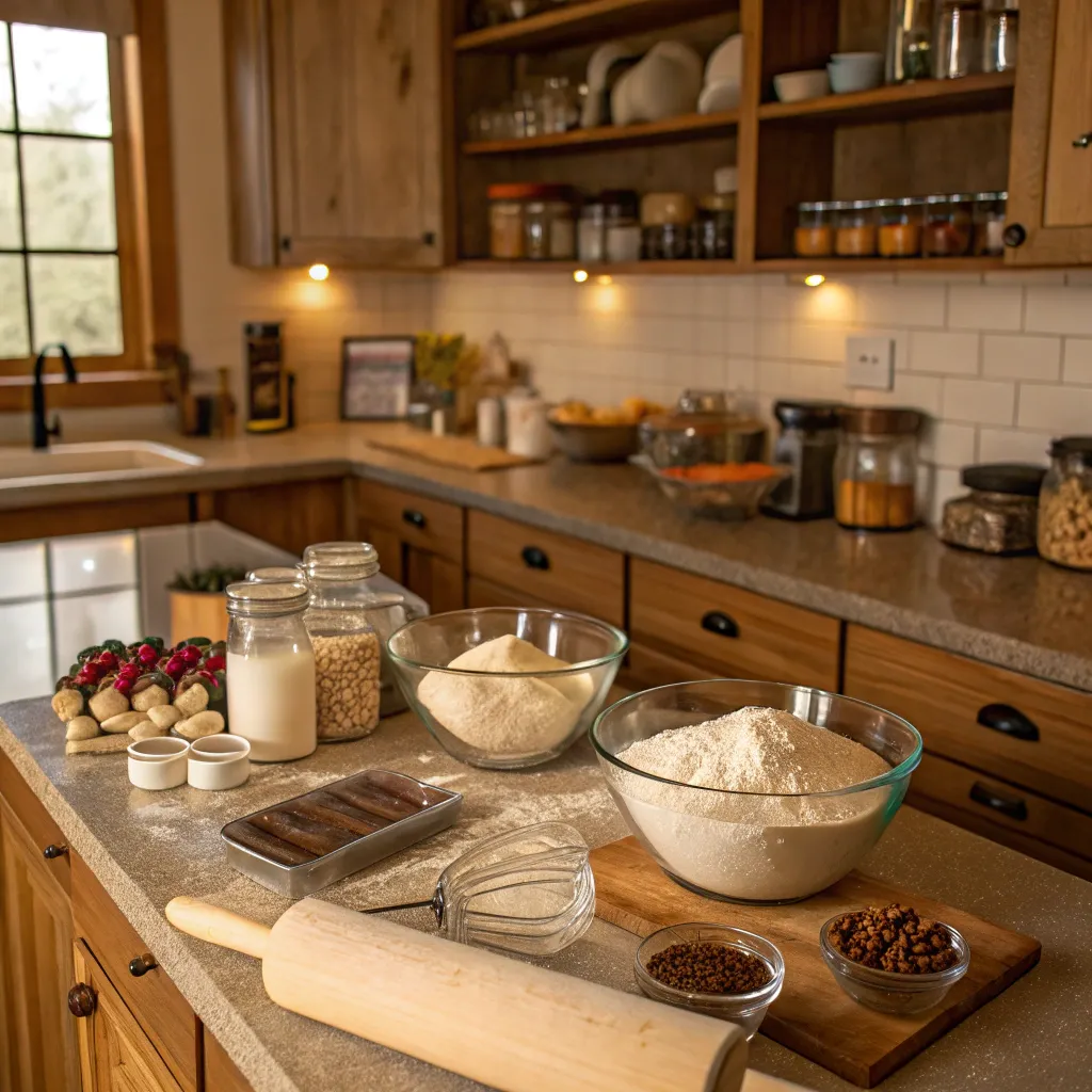 A cozy kitchen filled with baking tools and ingredients
